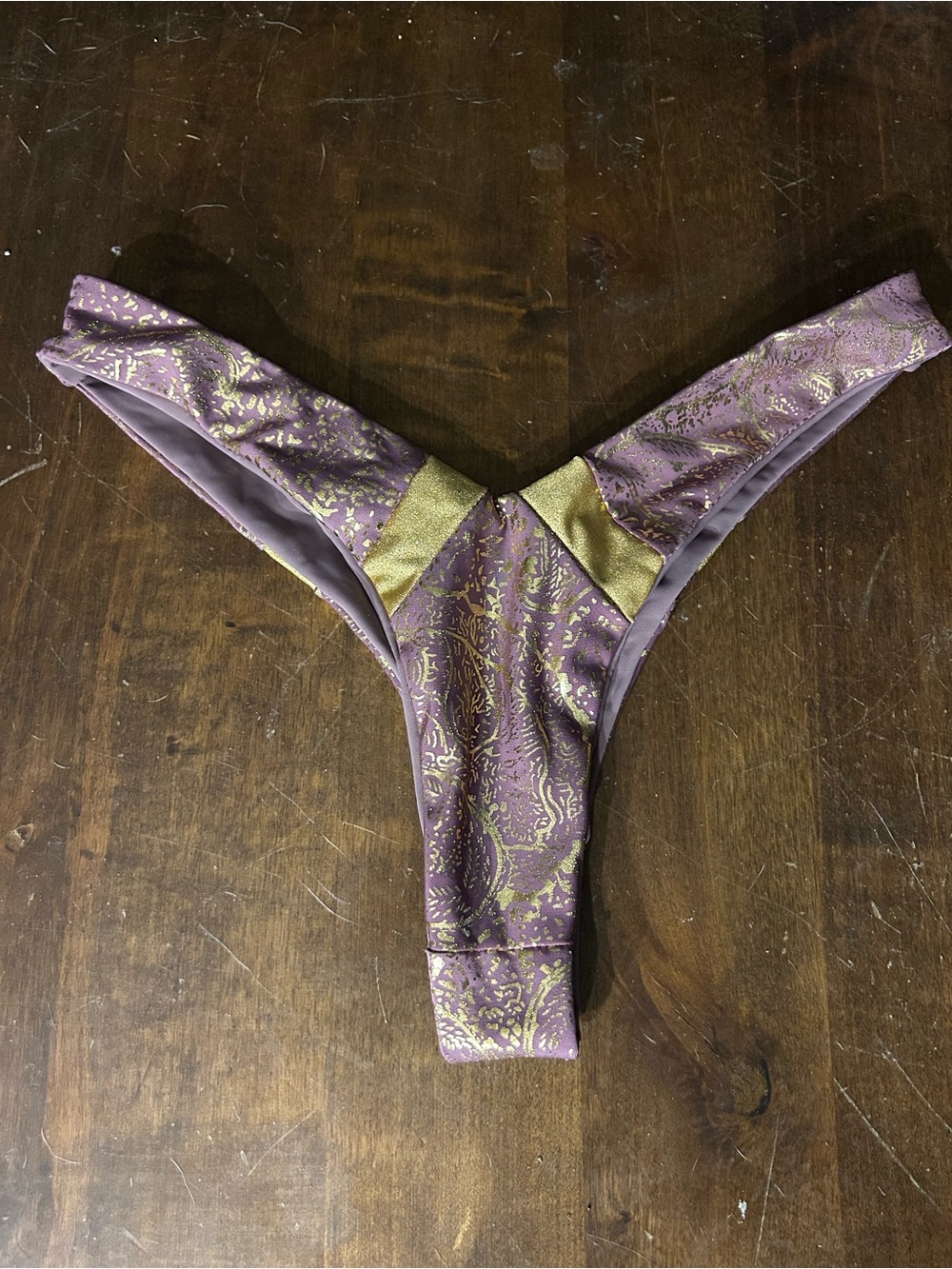 NWOT Sexy Skimpy Purple & Gold High Waisted Rio Cut / Thong Booty Short
